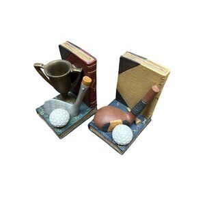 Vintage Golf-Themed Bookends With Books Clubs & Balls Hand-Painted Resin Classic